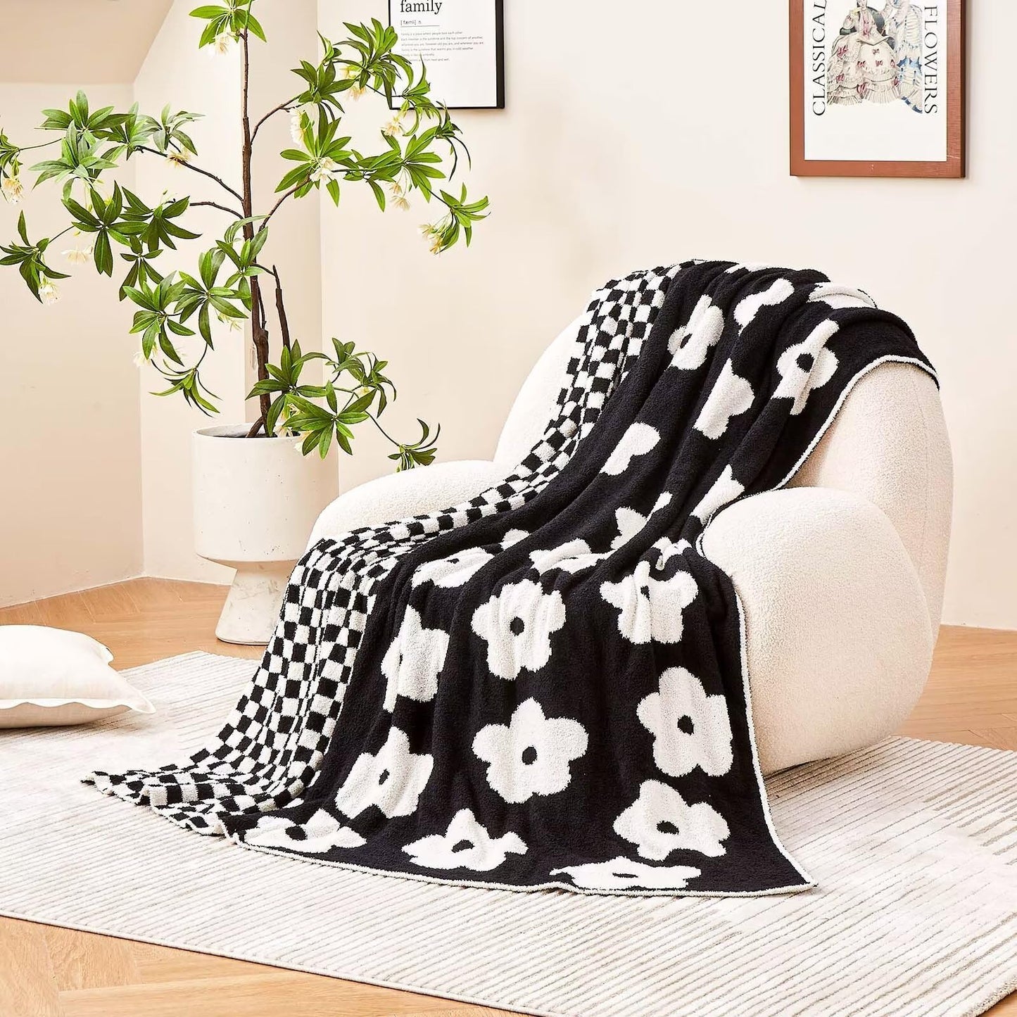 XIBLC Checkered Throw Blanket, Black Super Soft Knit Breathable Throw Blanket, Cozy Fluffy Reversible Checkerboard Flower Fuzzy Blanket for Couch Sofa Bed Living Room Decor 60 x 80 Inch