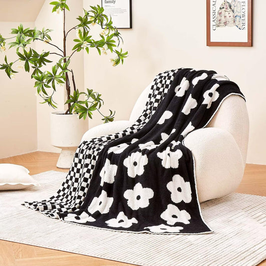 XIBLC Checkered Throw Blanket, Black Super Soft Knit Breathable Throw Blanket, Cozy Fluffy Reversible Checkerboard Flower Fuzzy Blanket for Couch Sofa Bed Living Room Decor 60 x 80 Inch