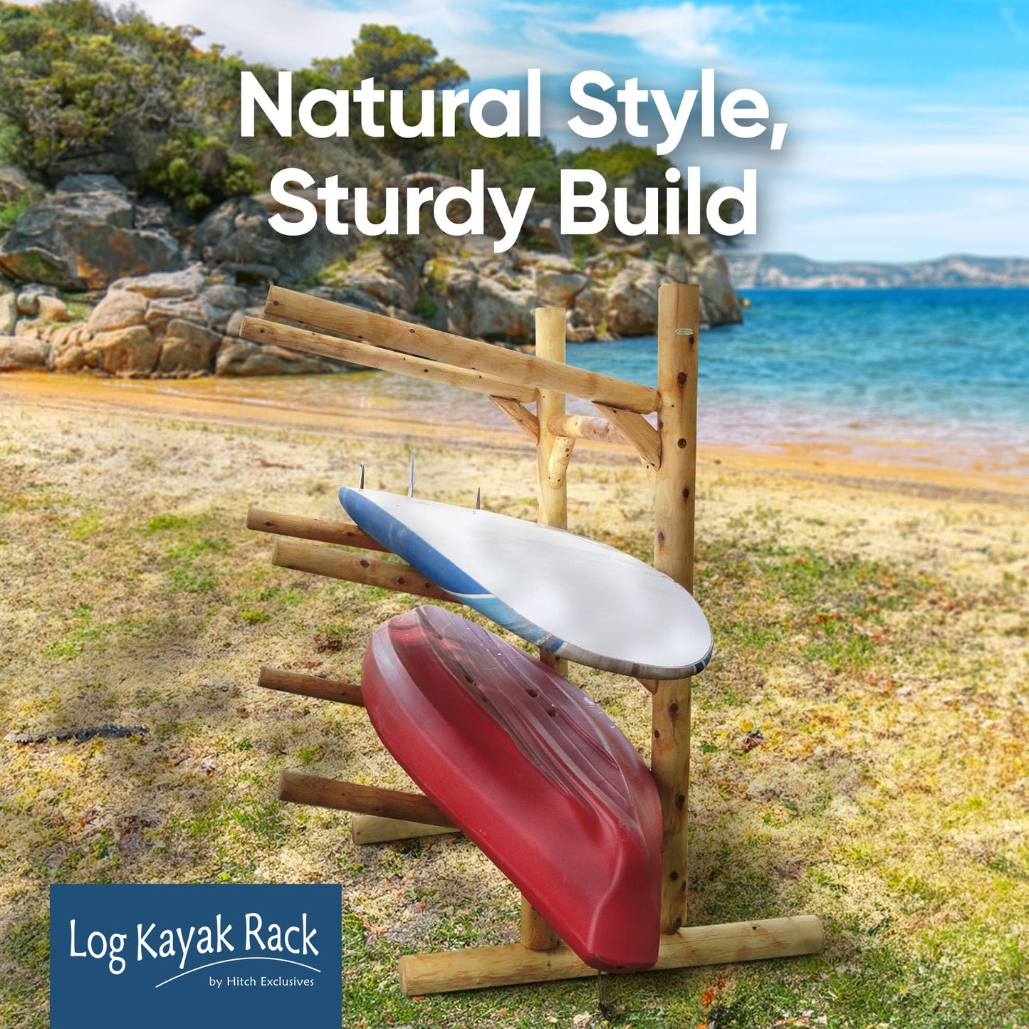 3-Place One-Sided Log Kayak Rack / Canoe Racks, Freestanding Canoe Stand for Garage, Outdoor & Indoor Surfboard Storage Racks or SUP Storage Stands, Kayaks - Natural