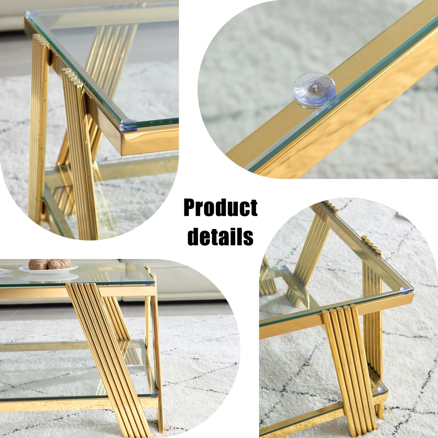 47" Modern Coffee Table, Double-Layer Clear Tempered Glass Table Top with Stainless Steel Frame, Center Table with Storage, for Living Room Home Office, Gold