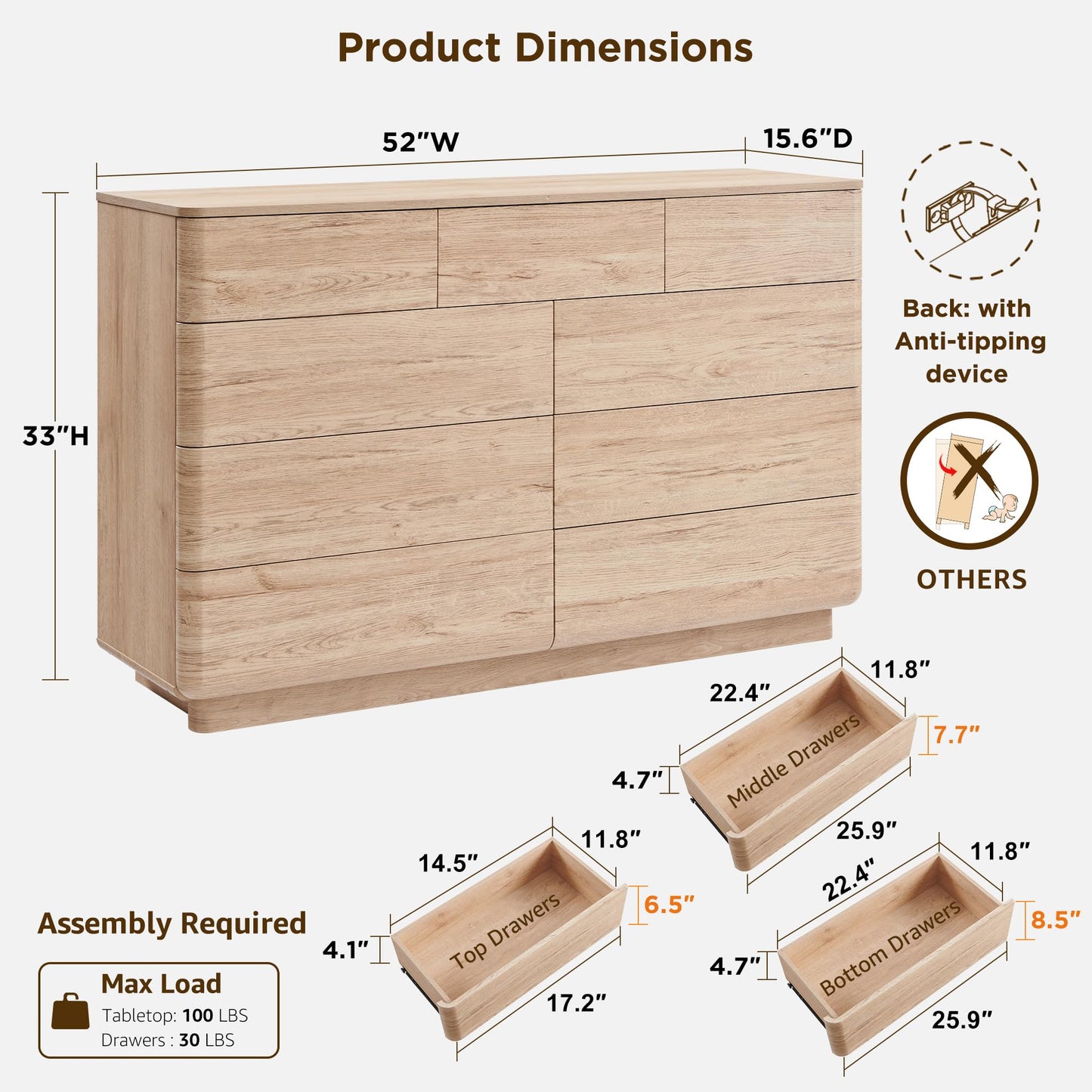 ACCOHOHO Modern 9 Drawer Dresser for Bedroom, Farmhouse 52" Wide Dresser TV Stand with Large Drawers, Natural Texture, Curved Angle for Room, Hallway and Entryway, Nutural Oak