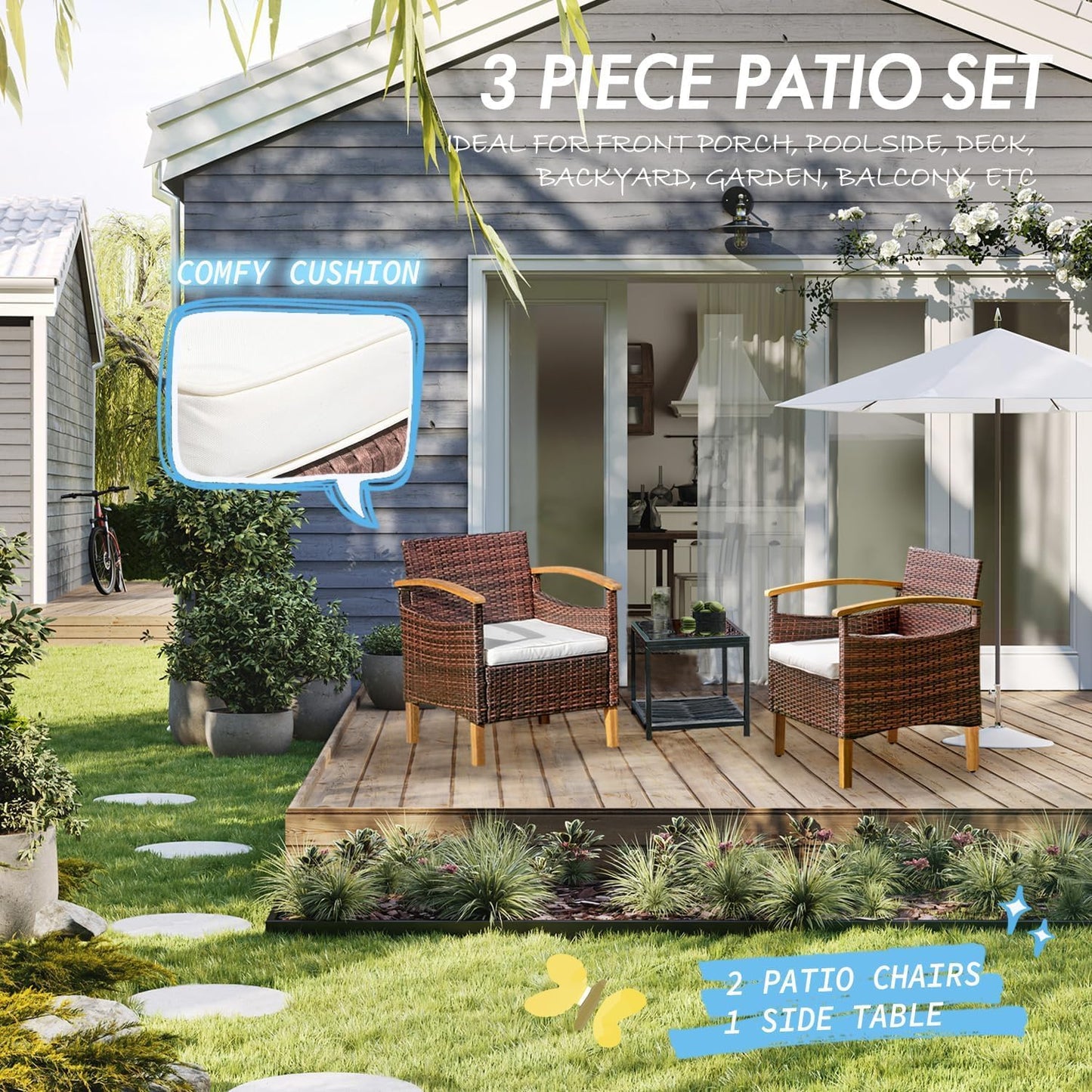 YEEFY 3PCS Outdoor Patio Furniture Set Outdoor Furniture Set with Table Outside Lawn Patio Chairs Set of 2 Patio Conversation Sets Bistro Wicker Patio Set for Backyard Porch Balcony Garden (Brown)
