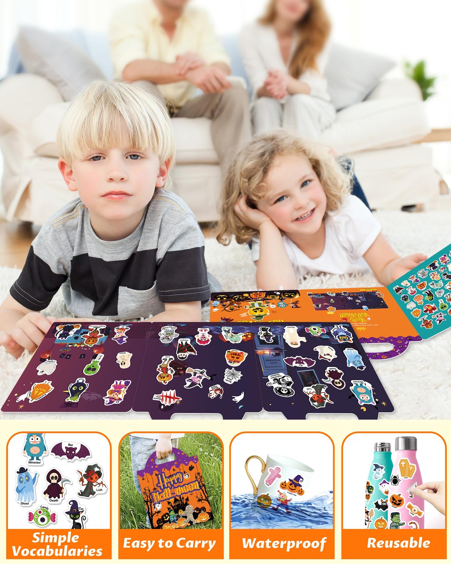 Walenced Reusable Sticker Book for Toddlers 2-4 Years, Stickers for Kids, Toddler Sticker Book Ages 1-3, Toddler Craft Activities, Toddlers Travel Toys Ages 2+ Boy Girl Birthday Gifts - Halloween