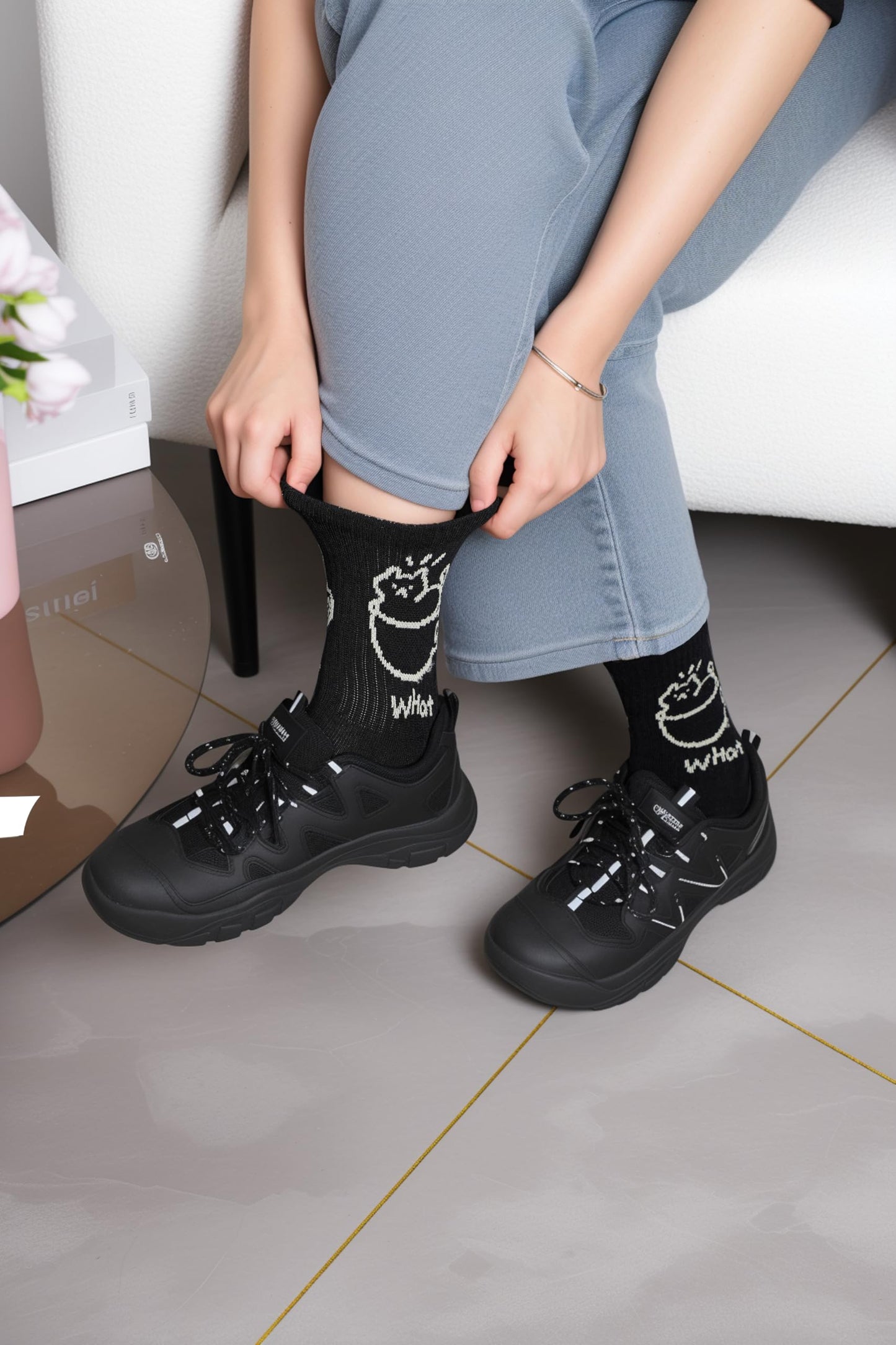 WaziHou Women Crew Socks, 4 Pairs Cute Tea-Cup Cat Novelty Cotton Socks, Stylish Women's Casual Comfort Ankle Socks, Size 5-10