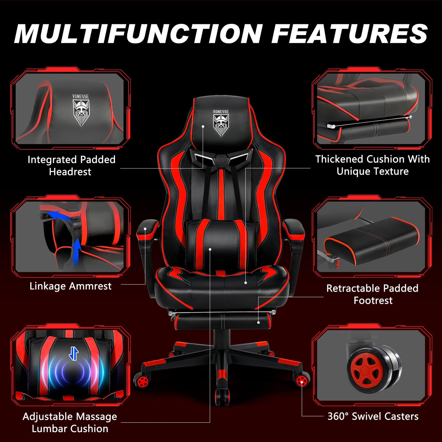 Vonesse Reclining Gaming Chair with Footrest Gaming Computer Chair with Massage Recliner Computer Chair Big and Tall Gaming Chairs for Adults(Red/Black)