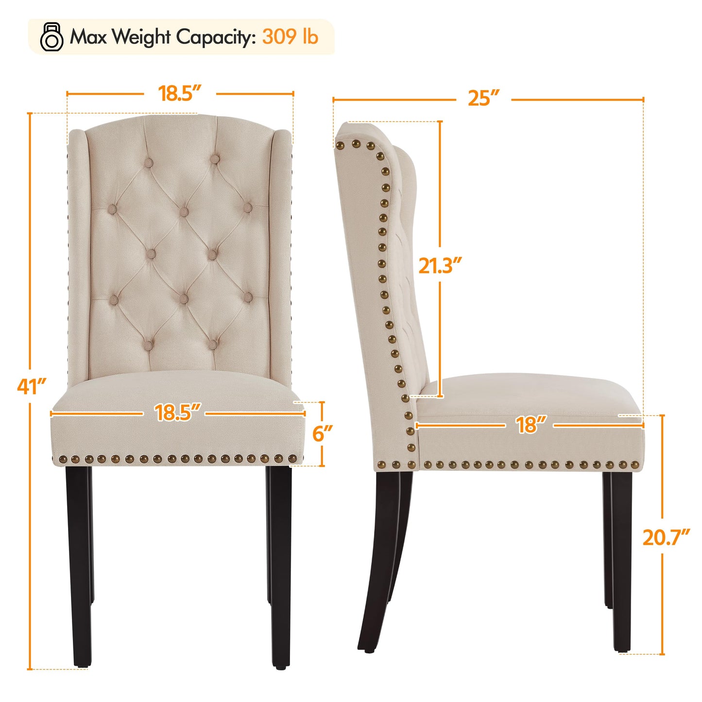Yaheetech Upholstered Dining Chairs Set of 6 Button Tufted Kitchen Chairs with Solid Wood Legs and Nailhead Trims for Dining Room, Living Room, Restaurant, Beige