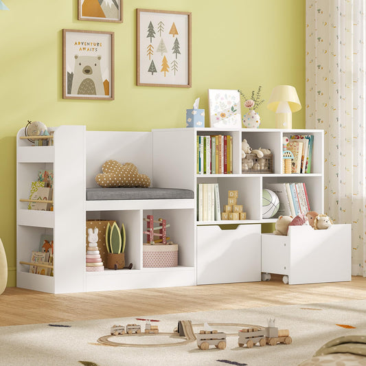 62.2” Kids Bookshelf with Reading Nook, Kids Bookcase with Seat Cushion and 6 Storage Cubbies, Side Shelves, Toy Storage with 2 Movable Drawers, Hidden Wheels, for Playroom and Bedroom, White