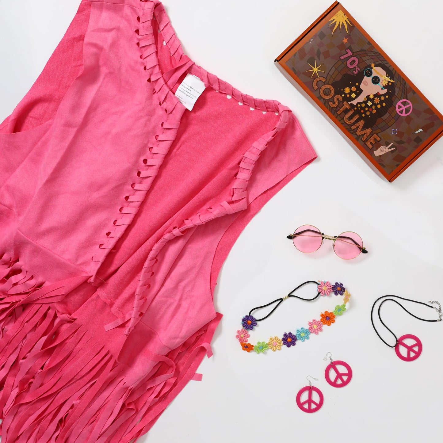 70 s Outfit for Women Brown Fringe Vest Hippie Sunglasses Headdress Necklace and Earring for Disco Party Halloween Costume Women(Brown,M)