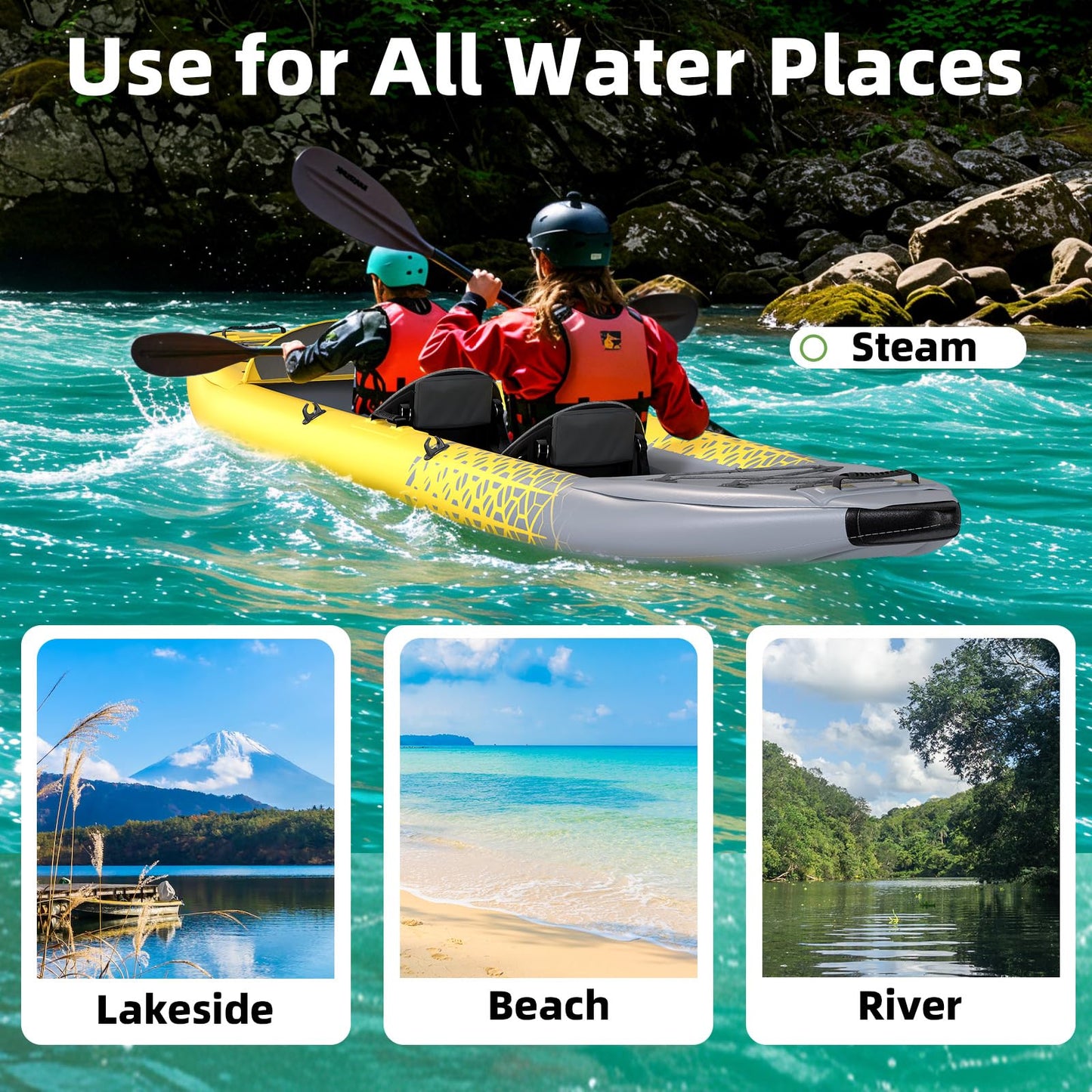 Danrelax 2-Person Inflatable Kayak for Adults, Heavy-Duty PVC, Drop-Stitch Floor, Lightweight, Portable, and Durable Tandem Kayak for Fishing, Touring, and Water Sports, Yellow