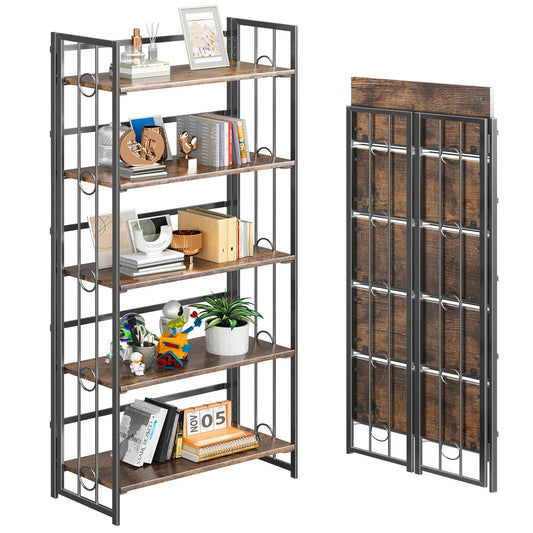 4NM No-Assembly 5 Tiers Folding Bookshelf Storage Shelves Vintage Bookcase Standing Racks Study Organizer Home Office - Rustic Brown Black