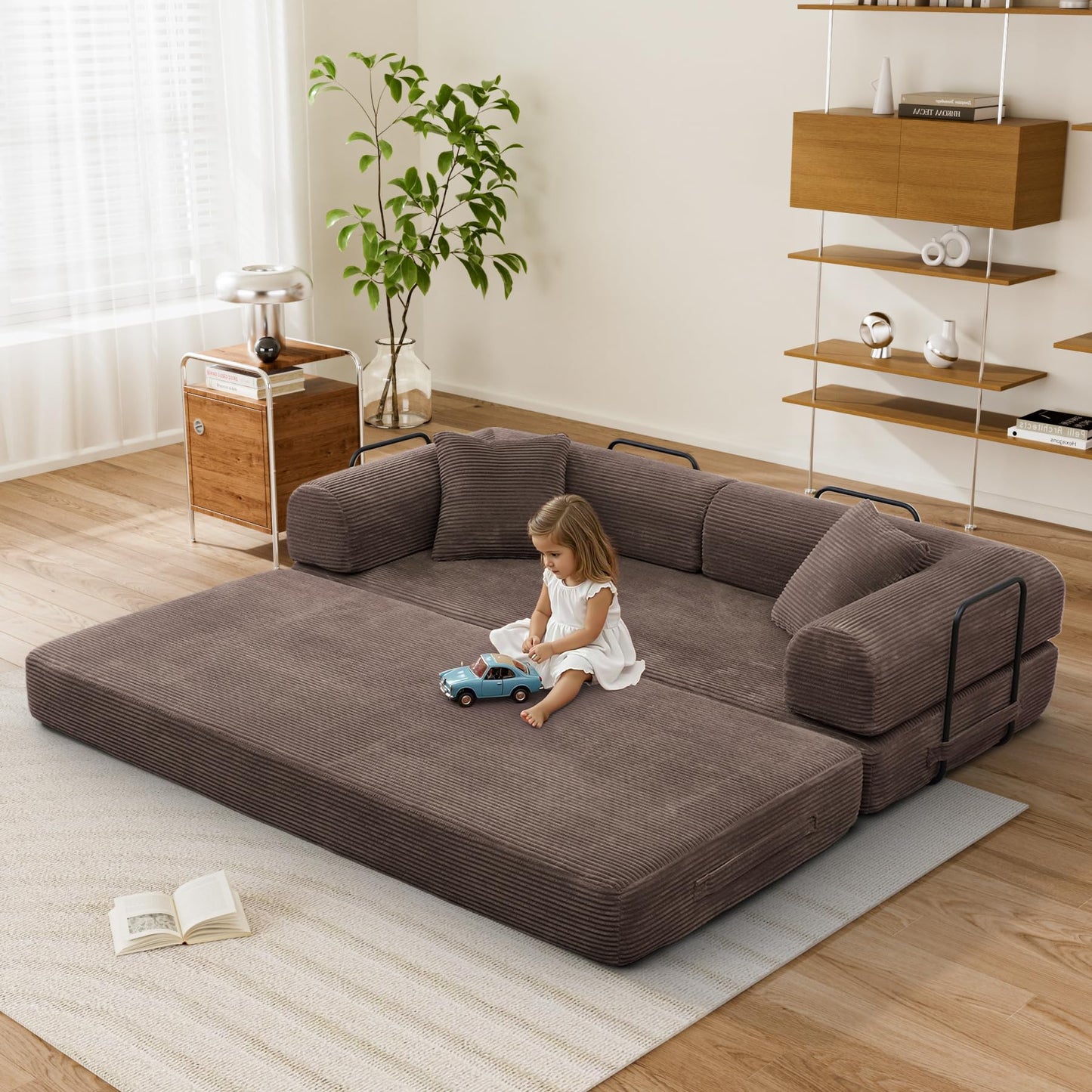 VYNELITO Comfy Convertible Sleeper Floor Sofa Bed, Corduroy Folding Mattress Couch with Fixed-Shape Frame, Floor Sofa with Armrest, Lounge Couch for Living Room Bedroom Lounge Studio,Brown