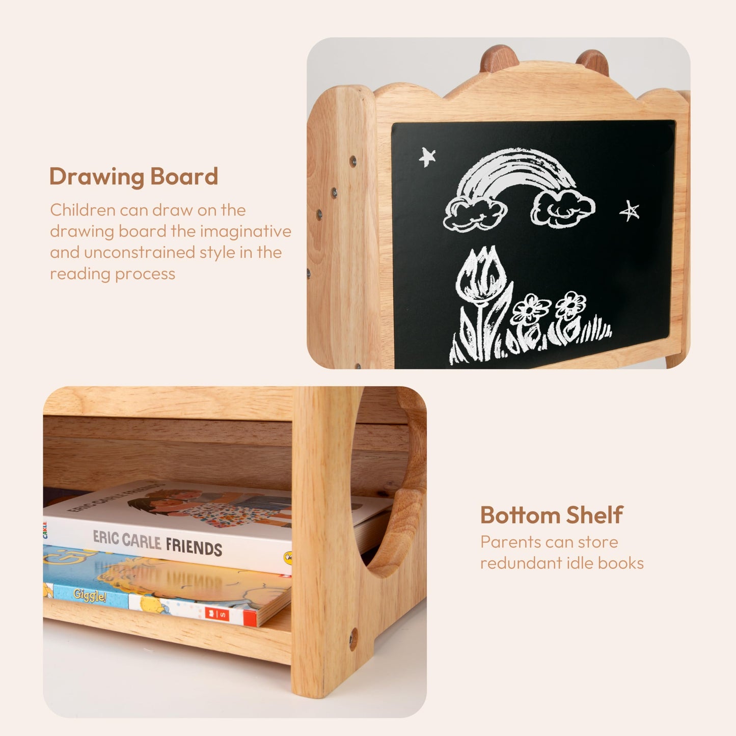 Woodtoe Montessori Bookshelf for Kids, Natural Wood Bookcase with Chalkboard & Storage, Kid Magazine Rack Book Display Organizer, Classroom Bookshelves Kids Furniture Birthday for Boys Girls 3+