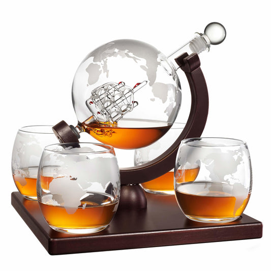 Whiskey Decanter Globe Set for Men with 4 Glasses, Bourbon, Rum, Scotch, Crystal Clear Decanter Sets - Whiskey Gifts for Men Dad Him (Globe Decanter)