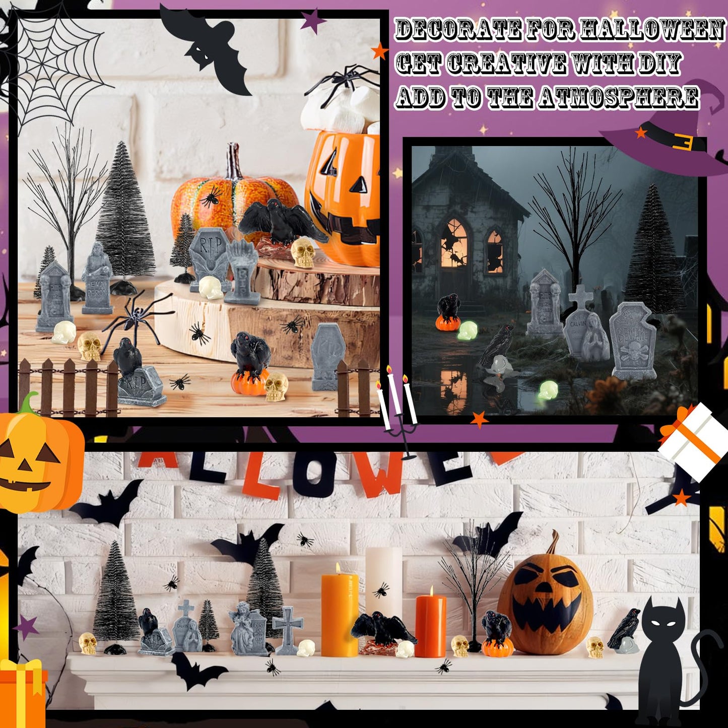 65 Pcs Halloween Village Accessories Set Miniature Tombstone Crow Figurines Mini Plastic Skulls Spiders Fence Bare Branch Trees Halloween Town Set for Mini Graveyard Scene Decor