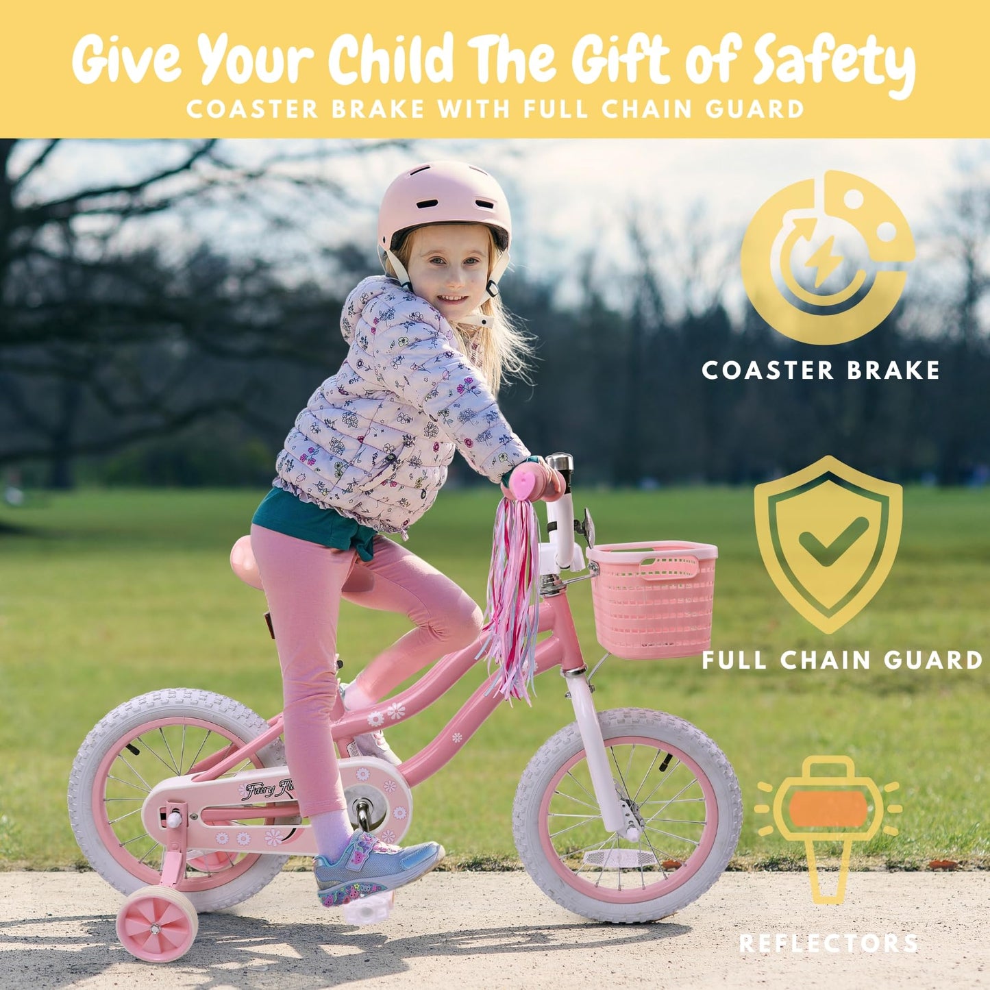 bicystar Girls Bike for Kids 3-5, Kids Bike with Training Wheels, Basket, Coaster Brake, Streamers, 12 inch Pink Pedal Bike for Kids, Birthday Gift