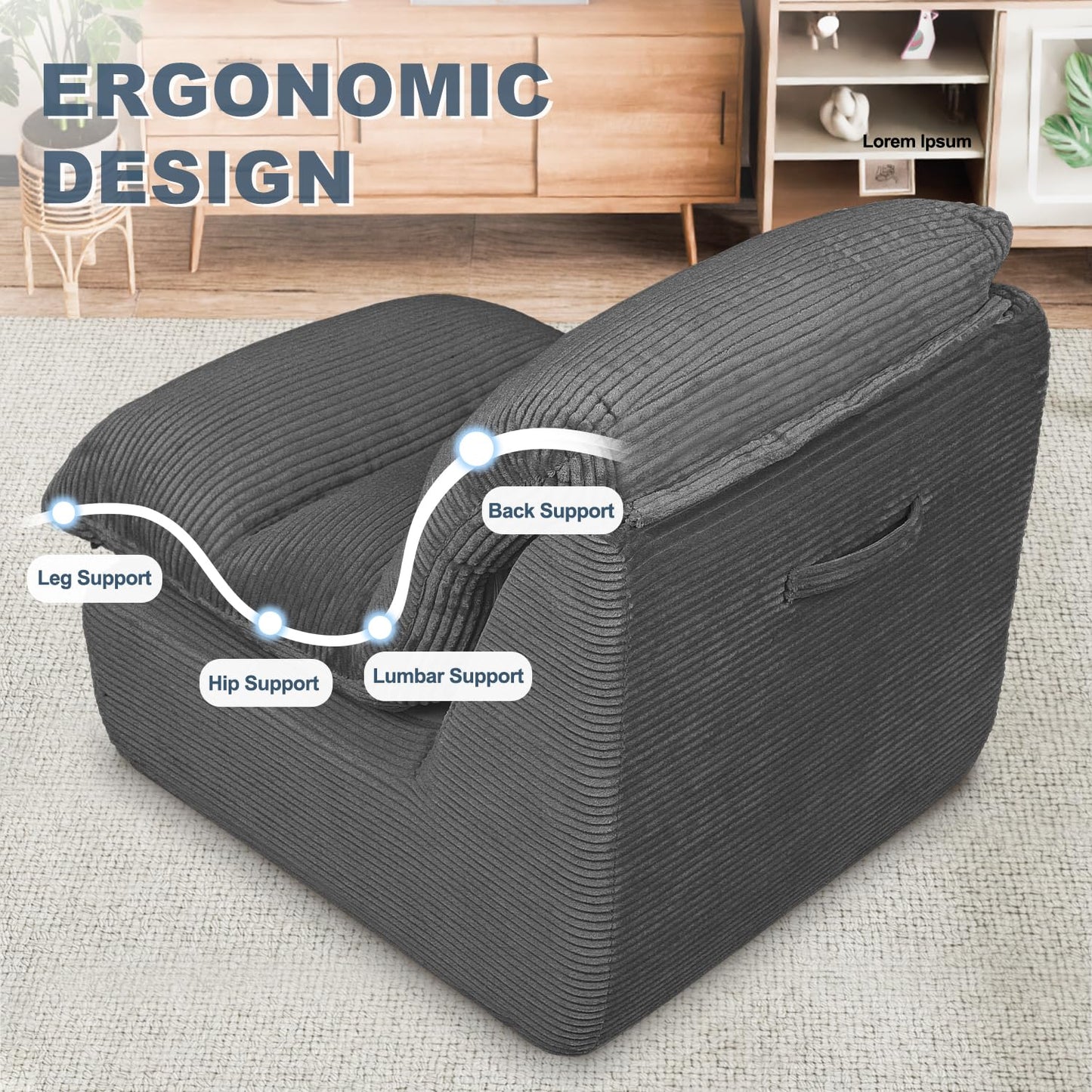 Vonesse Bean Bag Chair, Double-Layered Bean Bag Chair for Adults, Comfortable Memory Foam Bean Bag Sofa, Corduroy Bean Bag Couches for Living Room Bedroom (Dark Grey)