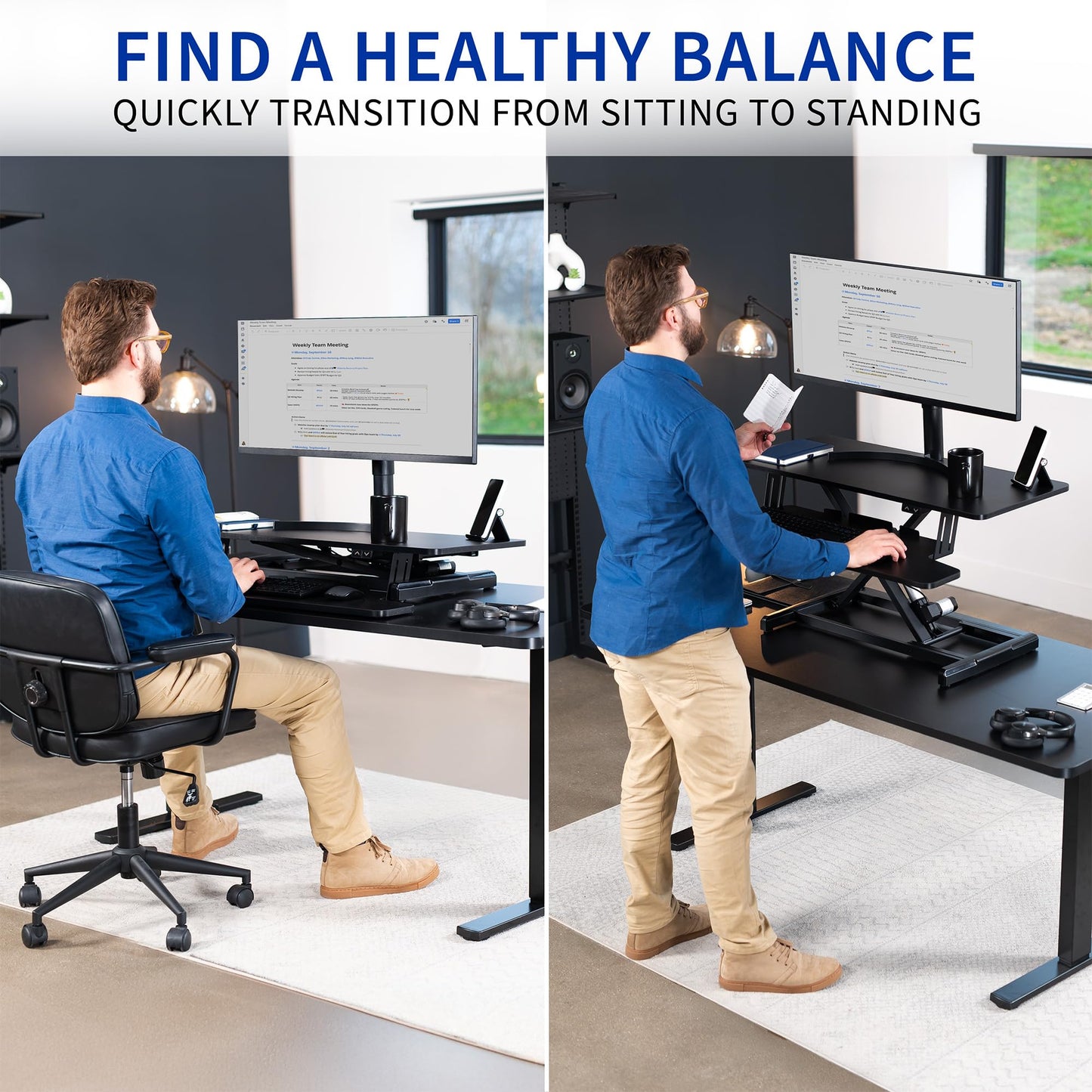 VIVO 36 inch Electric Motor Desk Converter, Height Adjustable Riser, Sit to Stand Dual Monitor and Laptop Workstation with Wide Keyboard Tray, Black, DESK-VE36B