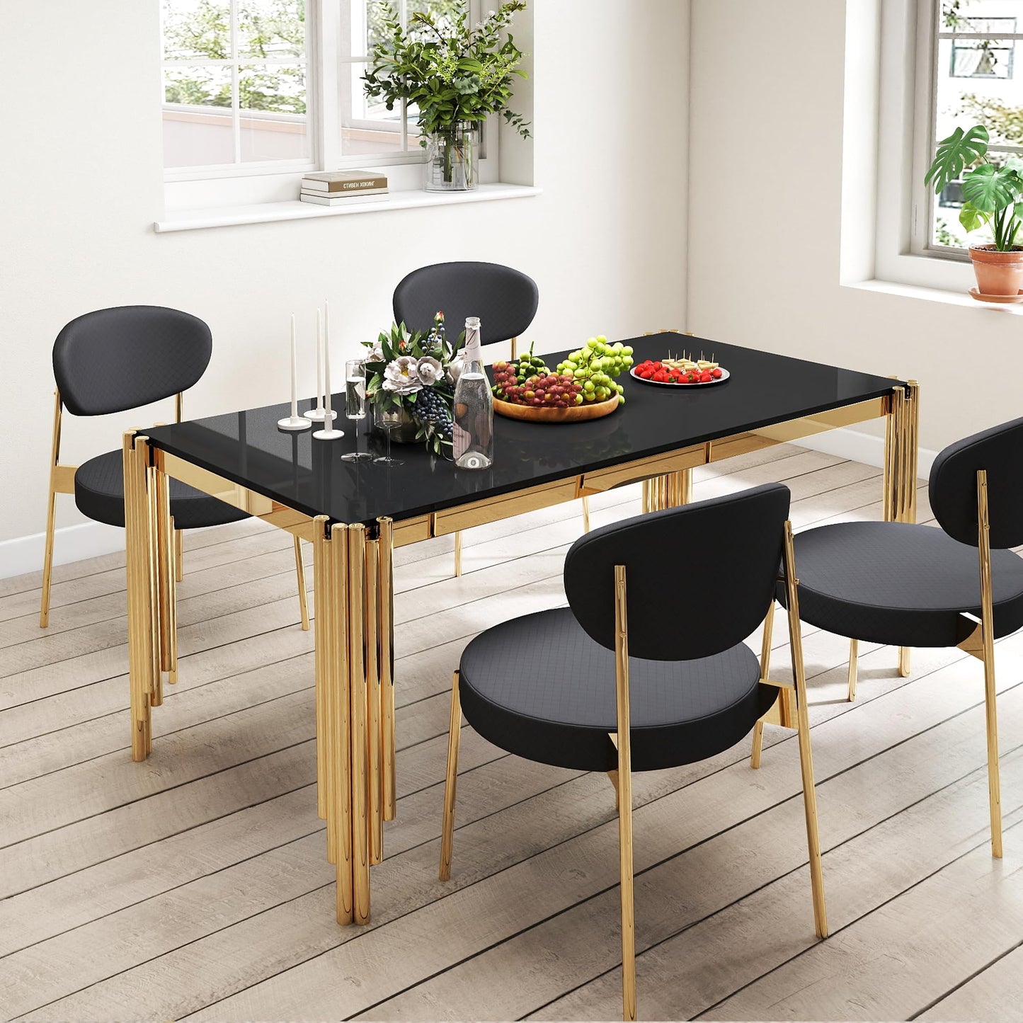 65" Glass Dining Table,Black Tempered Glass Kitchen Tabe with Gold Legs,Golden Dinner Table for 4-6,Rectanglar Modern Dining Table for Apartment,Dining &Kitchen Room(Table Only)
