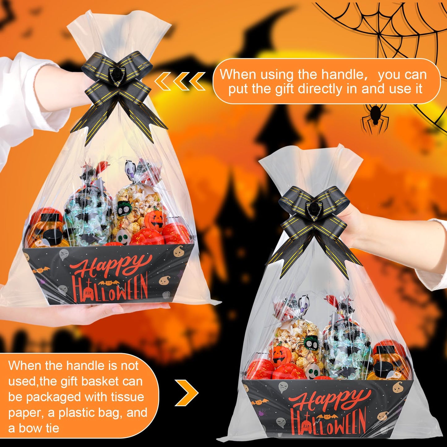 Yeaqee 36 Pcs 12 Pack Halloween Basket for Gifts with Bows Ribbons Bulk Treat Basket Orange Black Gift Baskets for Halloween Treat Party Favors