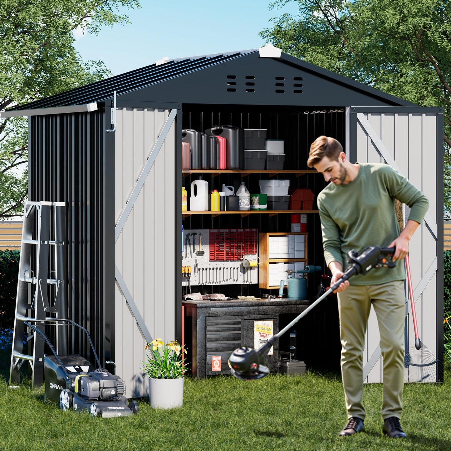 COMHOMA Shed Outdoor Storage Shed Metal,Lockable Doors Tool Sheds with Sloping Roof,Steel Garden Shed with Air Vent for Backyard,Patio,Lawn,Poolside (Grey, 6x4)
