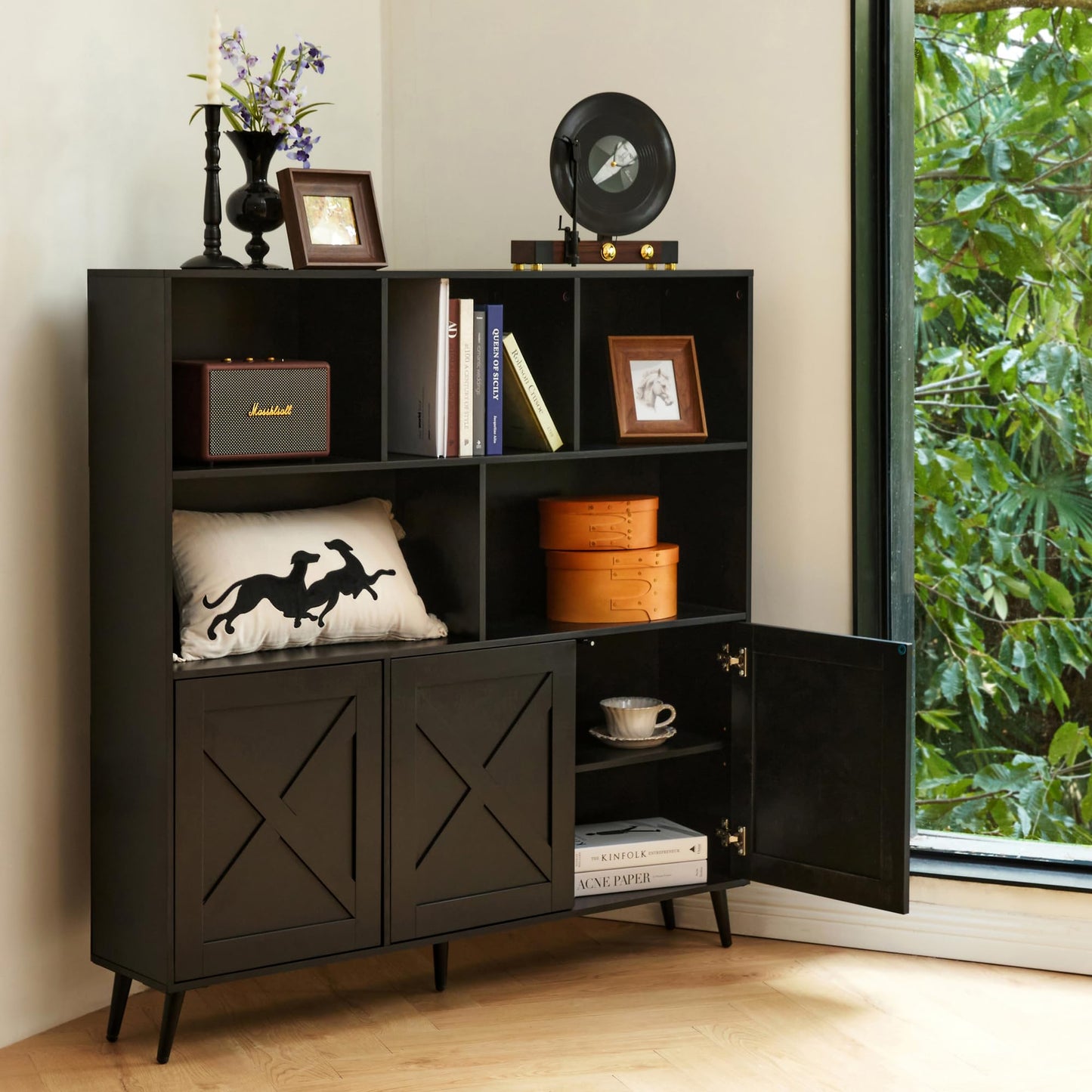 VitoEone Bookcase, Tall Bookshelf Bookcase with Doors, Book Shelves Book Shelf for Bedroom, Black Bookshelf Cabinet with Storage, Book Cases Display Cabinet Bookshelves for Home Office, Living Room