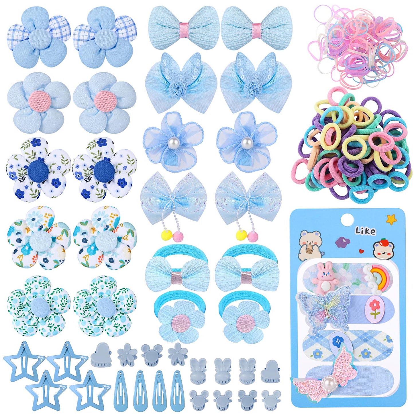 400 Pcs Baby Girls Hair Accessories Set,Baby Girls Hair Ties,Flower Bows Rubber Bands,Hair-friendly Hair Clip,Soft Elastic Hair Bands,Claw Clip(Blue)