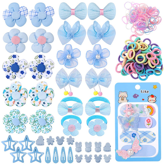 400 Pcs Baby Girls Hair Accessories Set,Baby Girls Hair Ties,Flower Bows Rubber Bands,Hair-friendly Hair Clip,Soft Elastic Hair Bands,Claw Clip(Blue)