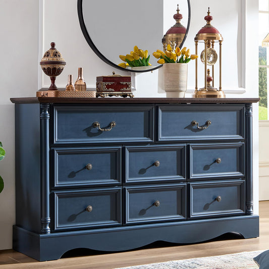 8 Drawers Dresser, 54" Wide Farmhouse Chest of Drawers with Charging Station, Refined Blue Finish Design, Modern Storage Dressers Organizer TV Stand for Bedroom, Living Room, Hallway, Indigo Blue
