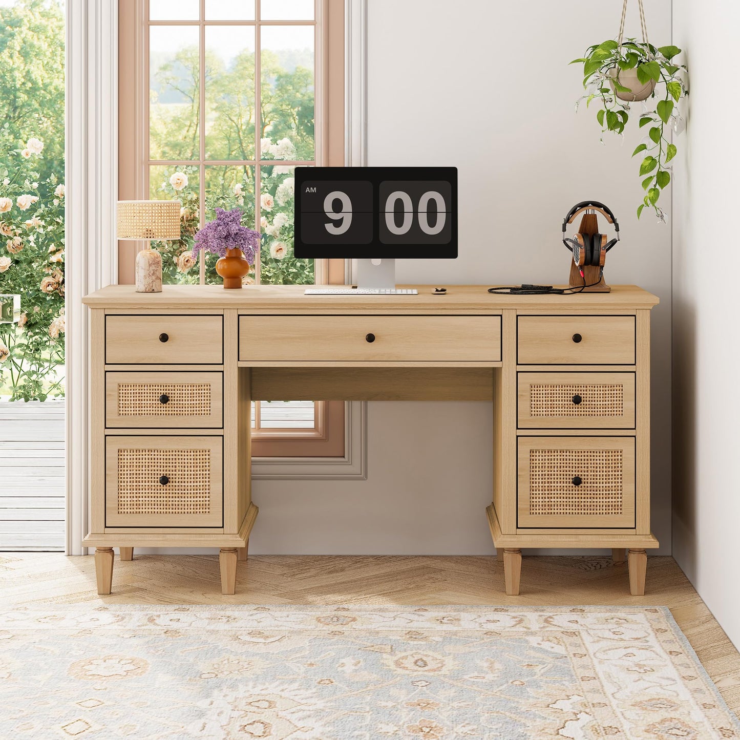 Yechen 58'' Wood Executive Desk with 7 Drawers - Modern Natural Rattan Home Office Desks with Charging Station, Large Long Computer Desk with Storage, Boho Writing Table for Work, Study, Natural Oak