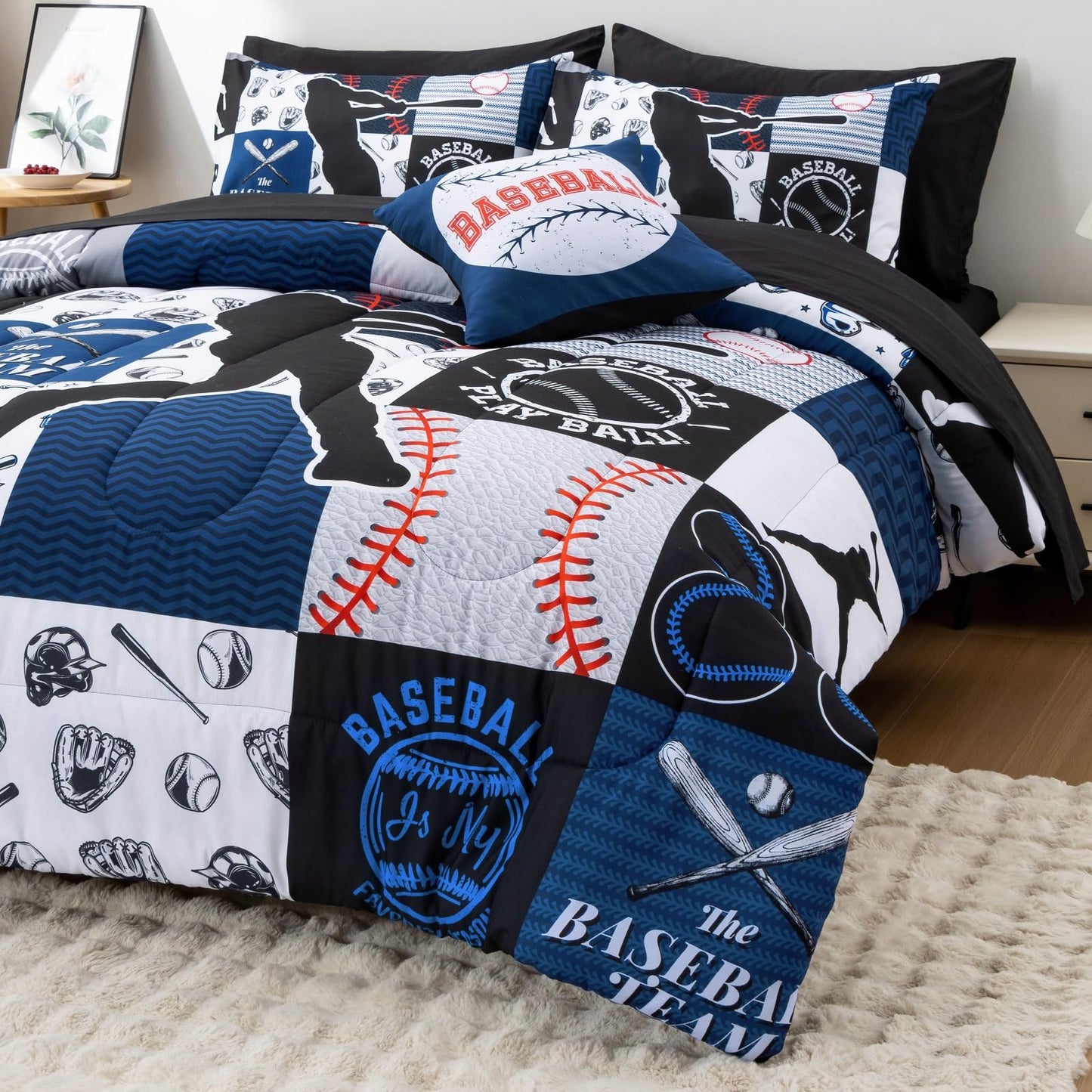 A Nice Night Sports Geometric Grid Black Patchwork Baseball Printed for Boys Twin 6Pcs Bed in A Bag Comforter Bedding Set,Blue