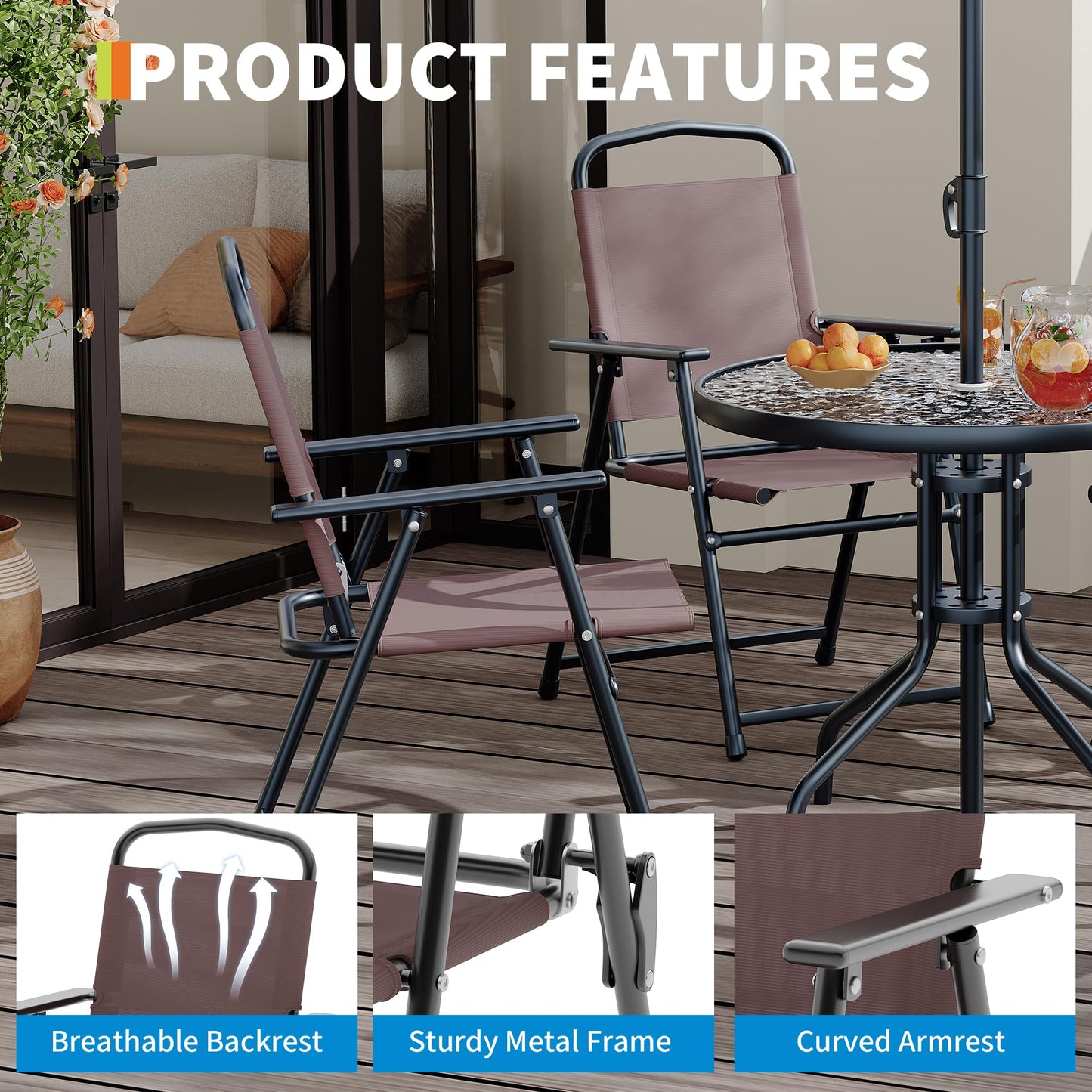 6 Pieces Outdoor Dining Set With Umbrella, Patio Table and 4 Folding Chairs With Umbrella, Garden Patio Furniture Set With Umbrellas, Tempered Glass Top Dining Table