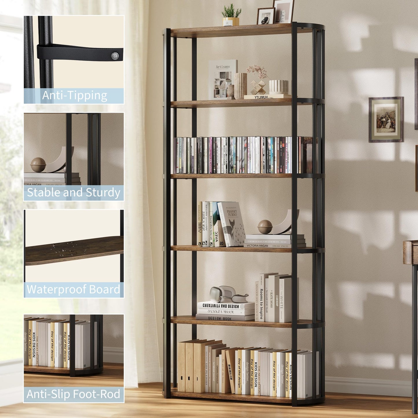 71 Inches Wooden Bookshelf, 6 Tier Industrial Tall Book Shelf, Metal Frame Large Open Bookcase, Freestanding Wooden Bookshelf Storage Rack for Bedroom, Living Room, Home Office, Rustic Brown and Black