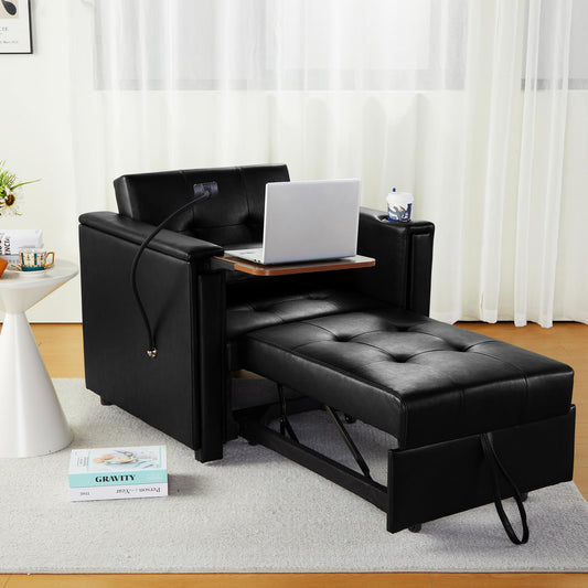 weselon Leather Convertible Chair Bed, 3 in 1 Multi-Functional Lounge Chair Sleeper, Pull Out Couch Guest Bed with Hidden Table and Adjustable Backrest for Living Room (Black)