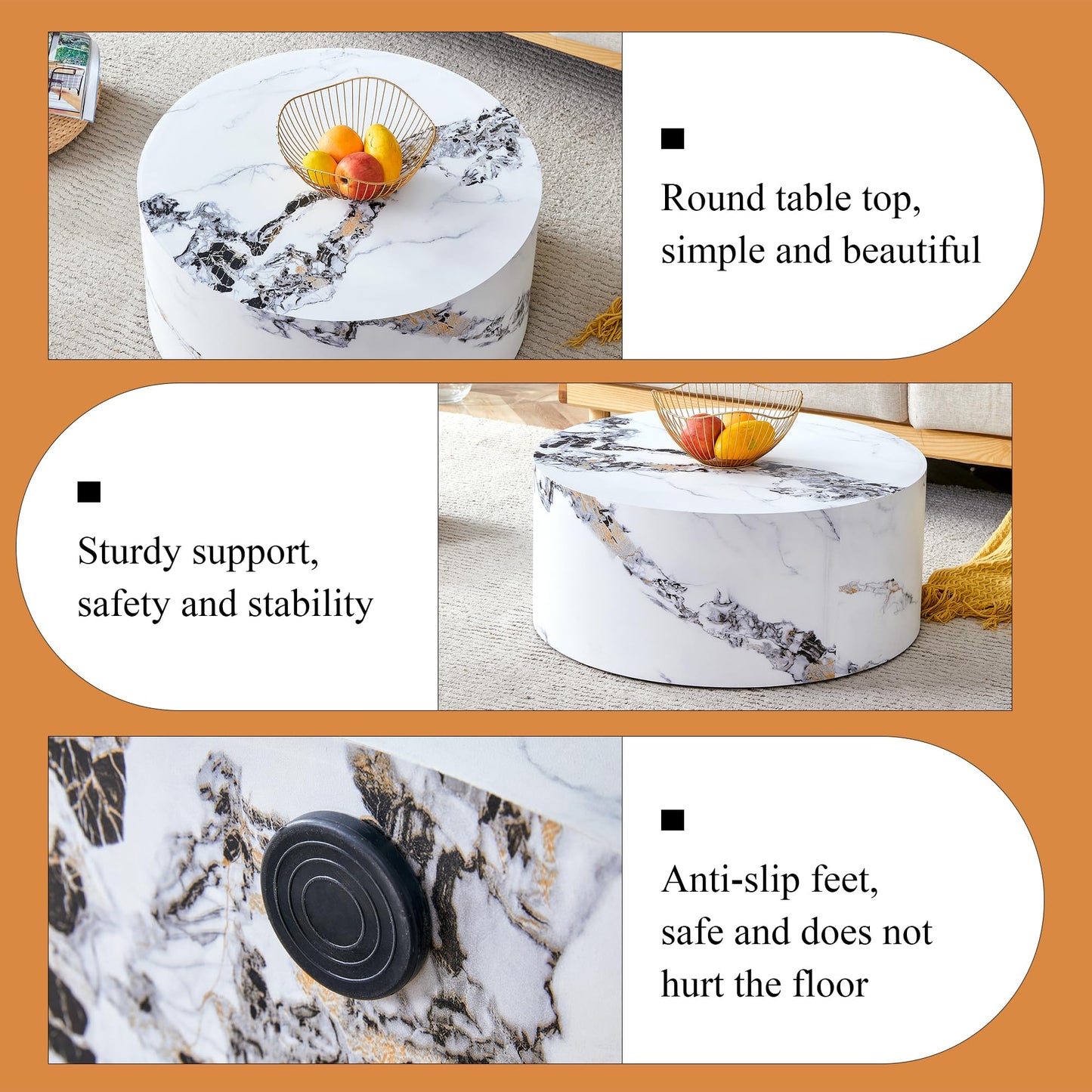 27.5" Round Coffee Table, Modern White Marble Coffee Tables for Living Room, Faux Marble Wooden Circle Center Table Accent Cocktail Tea Tables for Apartment Home Office, No Assembly