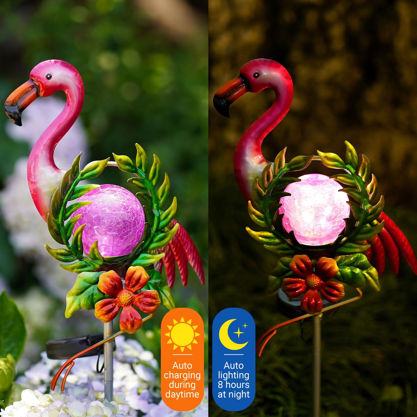 Voumsil Solar Garden Light for Garden Decoration, 40.9 Inch Flamingo Solar Stake with Cracked Glass Puck Light for Outside Patio Pathway Yard Decoration(Flamingo)