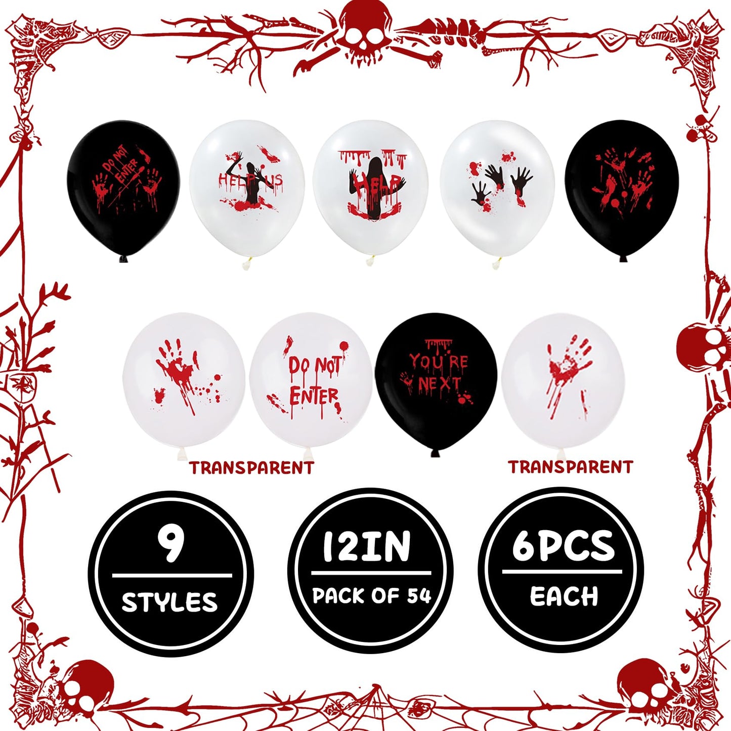 54PCS Halloween Balloons Bloody Balloons Black White Red Blood Splatter Balloons Handprint Latex Balloons Horror Zombie Latex Balloons Halloween Party Favor Scary Party Decoration