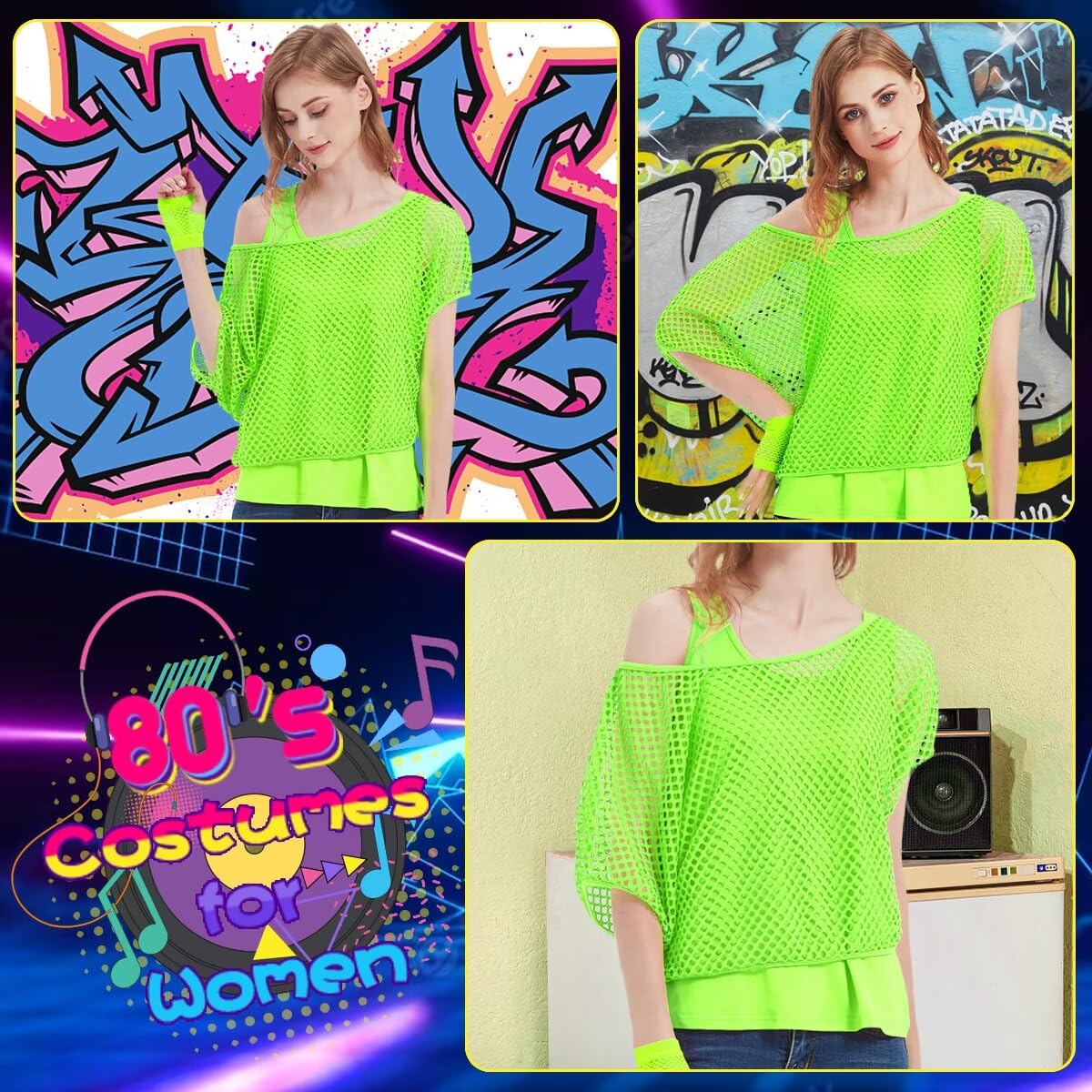 WILDPARTY Women Casual Sexy 80s Costumes Fishnet Neon Off Shoulder T-Shirt Two Pieces, Fishnet Gloves, Legwarmers 80s Outfits for Women 80s Costume Accessories for 80s Party (Green XXL)