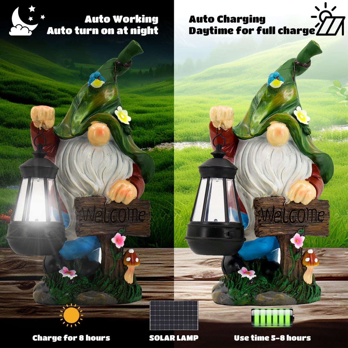 WOGOON Garden Gnome Statue, Resin Figurine with Bright Solar Lantern Lights and Welcome Sign, Outdoor Solar-Powered Illumination Yard Art Decorations for Indoor Outdoor Patio Lawn Garden Room