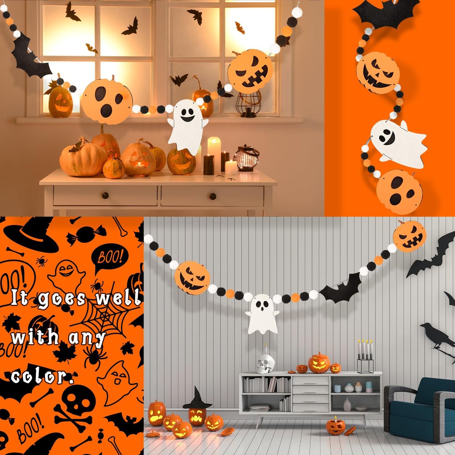 24.6Ft Felt Banner - Cute Pumpkin Ghosts Expressions Bat Pom Pom Garlands - Halloween Party Decorations - Indoor/Outdoor Hanging Decor