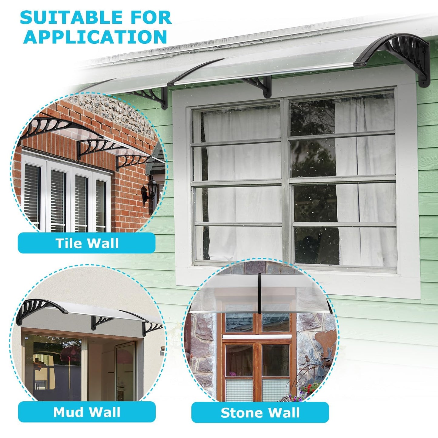 80" x 40" Window Awnings Door Canopy, Polycarbonate Cover Front Door Outdoor Window Awning Exterior, Entry Door Awning for Sun Shutter, UV, Rain and Snow Protection, Hollow Sheet(Clear Board)