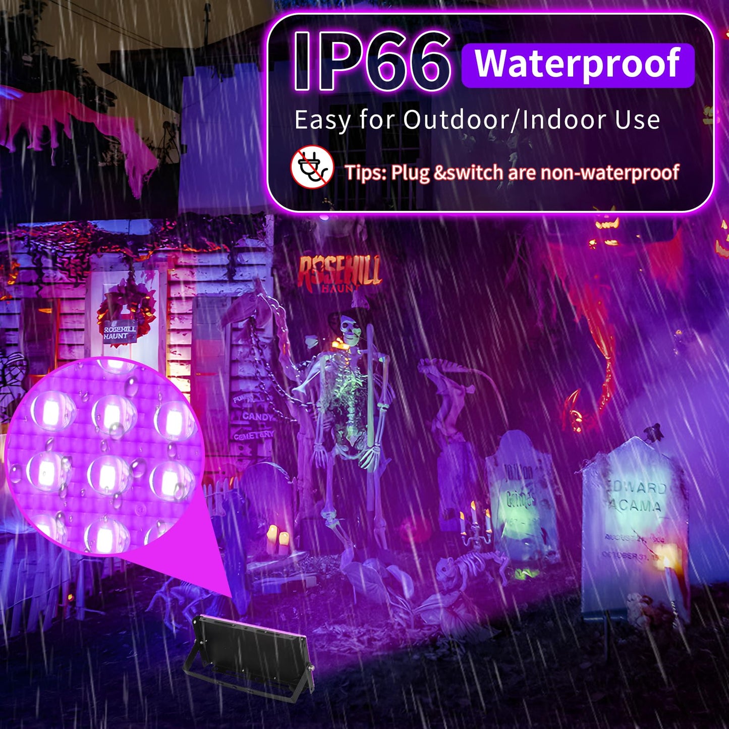 50W Black Lights with Switch+Plug, IP66 Waterproof, LED Blacklight Flood Light for Glow Party, Halloween, Bedroom, Fluorescent Poster, Body Paint, 2 Pack