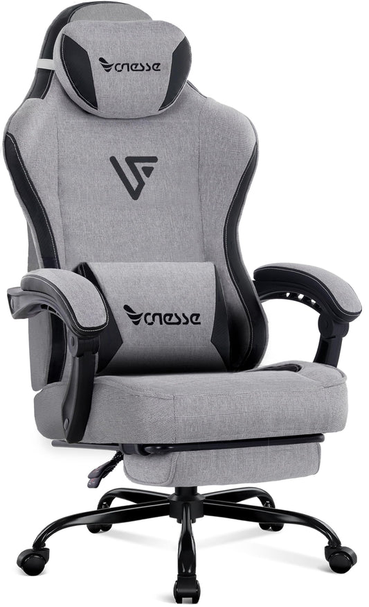 Vonesse Gaming Chair, Computer Chair Fabric with Pocket Spring Cushion, Office Chair with Footrest and Massage Lumbar Support, Reclining Gaming Chairs for Adults 250LBS (Grey)