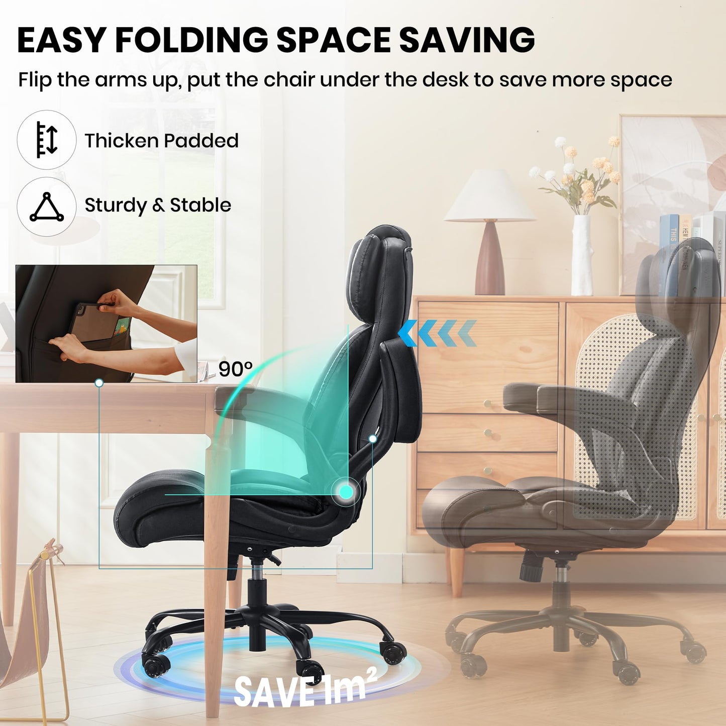 500lbs Big and Tall Office Chair Adjustable Lumbar Support for Back Pain, Extra Wide Seat Executive Ergonomic Comfy Computer Desk Office Chair Thick Armrest Pad, Heavy Duty Base&Upgraded Wheels