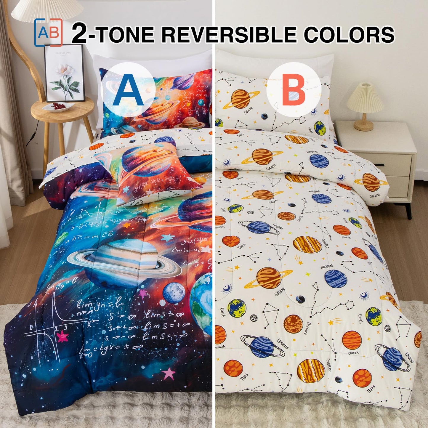 A Nice Night Boys Galaxy Twin Bedding Set 6 Piece Bed-in-a-Bag Comforter with Sheet Set, Space Algebra Theme Polyester Bed Sets for Kids,Purple