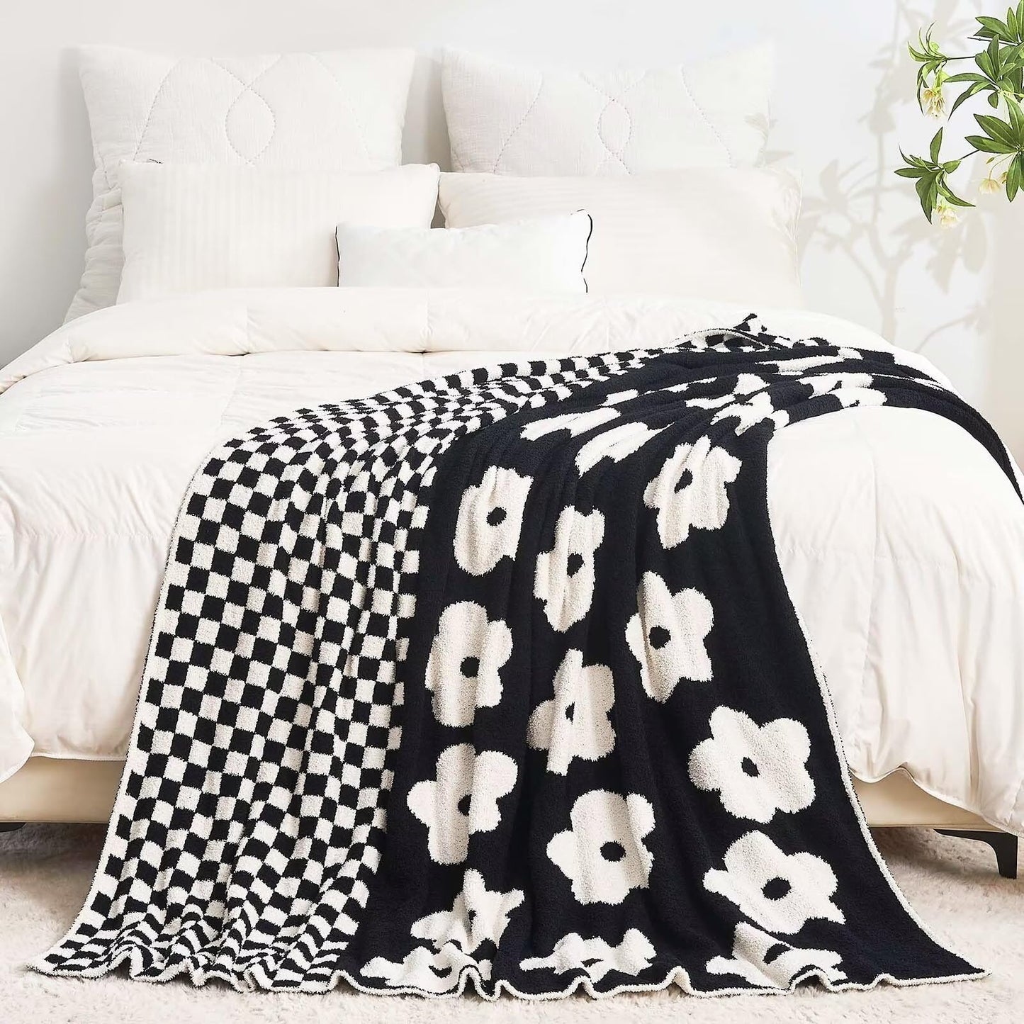 XIBLC Checkered Throw Blanket, Black Super Soft Knit Breathable Throw Blanket, Cozy Fluffy Reversible Checkerboard Flower Fuzzy Blanket for Couch Sofa Bed Living Room Decor 60 x 80 Inch