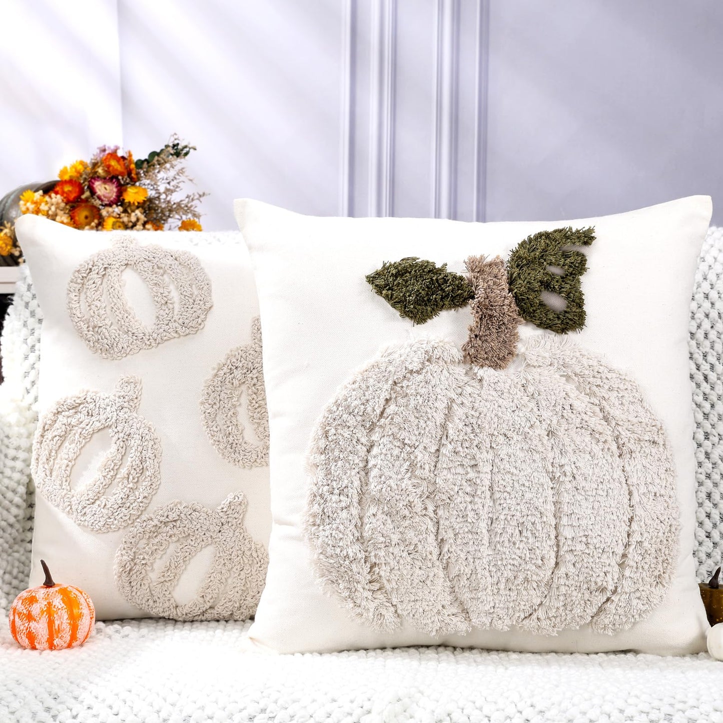 2 PCS Pumpkin Pillow Covers Fall Pillow Covers 18x18 Inch Square Beige White Linen Embroidered Throw Pillow Cases Autumn Halloween Thanksgiving Soft Decor for Sofa Bed Couch Living Room Farmhouse Home