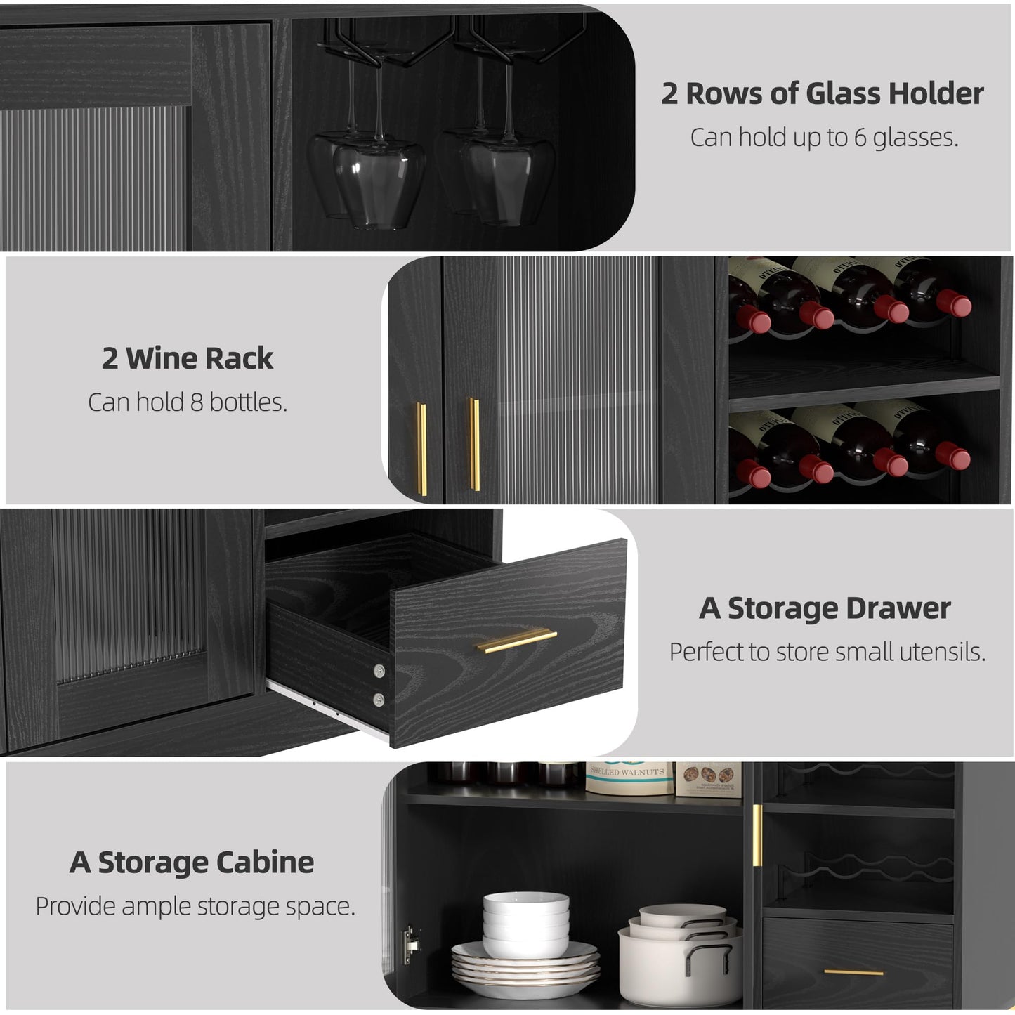 Wine Bar Cabinet with LED Light, Floating Coffee Cabinet with Wine and Glass Rack, Kitchen Buffet Sideboard with Glass Doors and Drawer, Modern Liquor Cabinet for Home, Kitchen, Living Room, Black