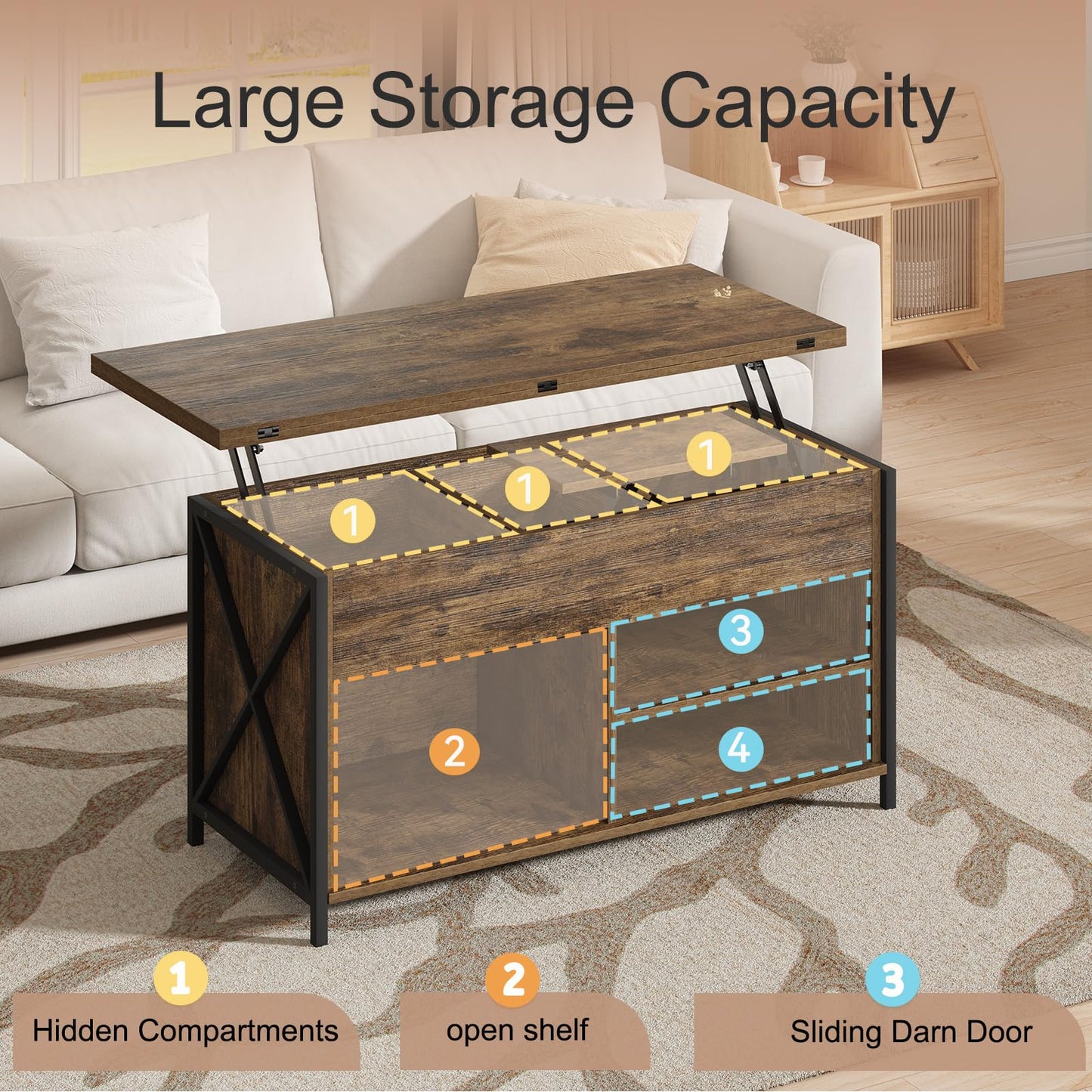 Vividwood Lift Top Coffee Table with Storage and Sliding Door, 4 in 1 Multi-Function Convertible Tea Table with Hidden Compartment, Farmhouse Center Table with Wood Lift Tabletop for Living Room Brown