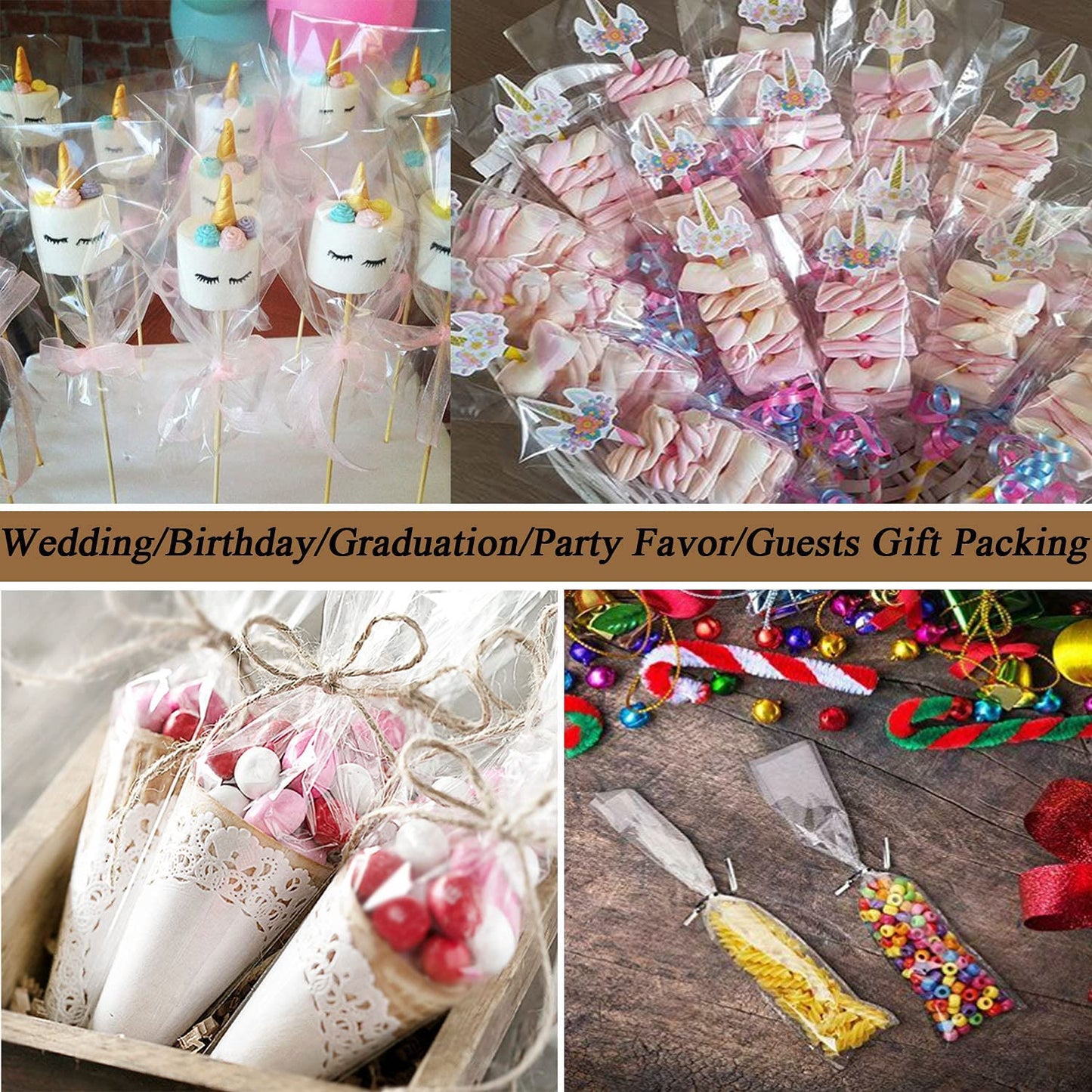 600pcs Cellophane Bags Set - 300pcs Long Clear Treat Bags, 300pcs Colors Twist Ties for Gifts, Party Favors