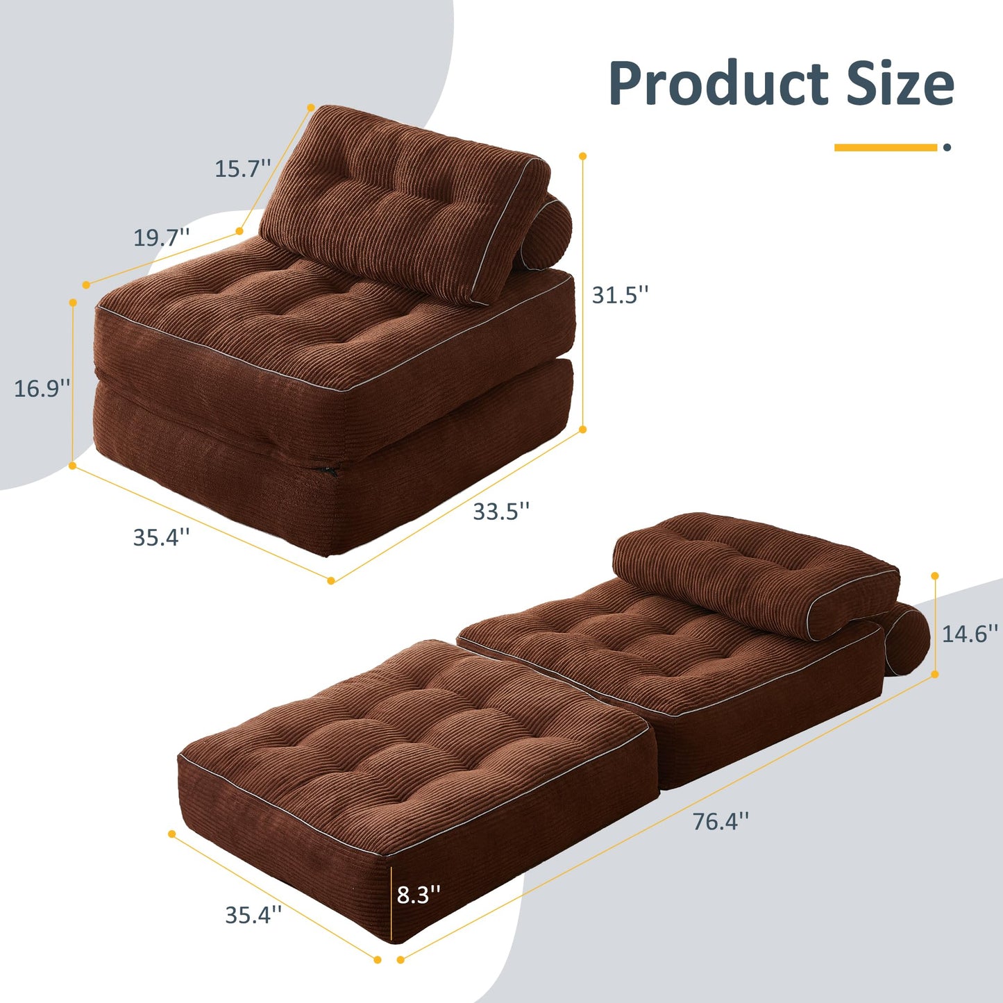Afuson Folding Chair Bed, Futon Sofa Bed, Floor Couch for Adults Chair Bed for Living Room, Lounge Sofa, Convertible Sofa Bed, Small Couches for Small Spaces,Brown
